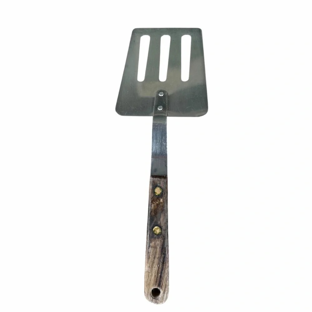 Vtg Robinson Knife Co Short Slotted Spatula Stainless Steel Wood Handle USA GUC